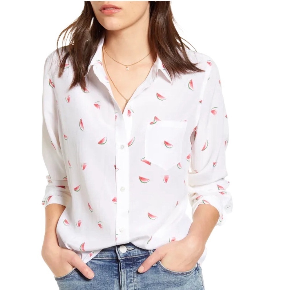 Rails “Kate” 100% Silk Watermelon Print Long Sleeve Button down blouse in white